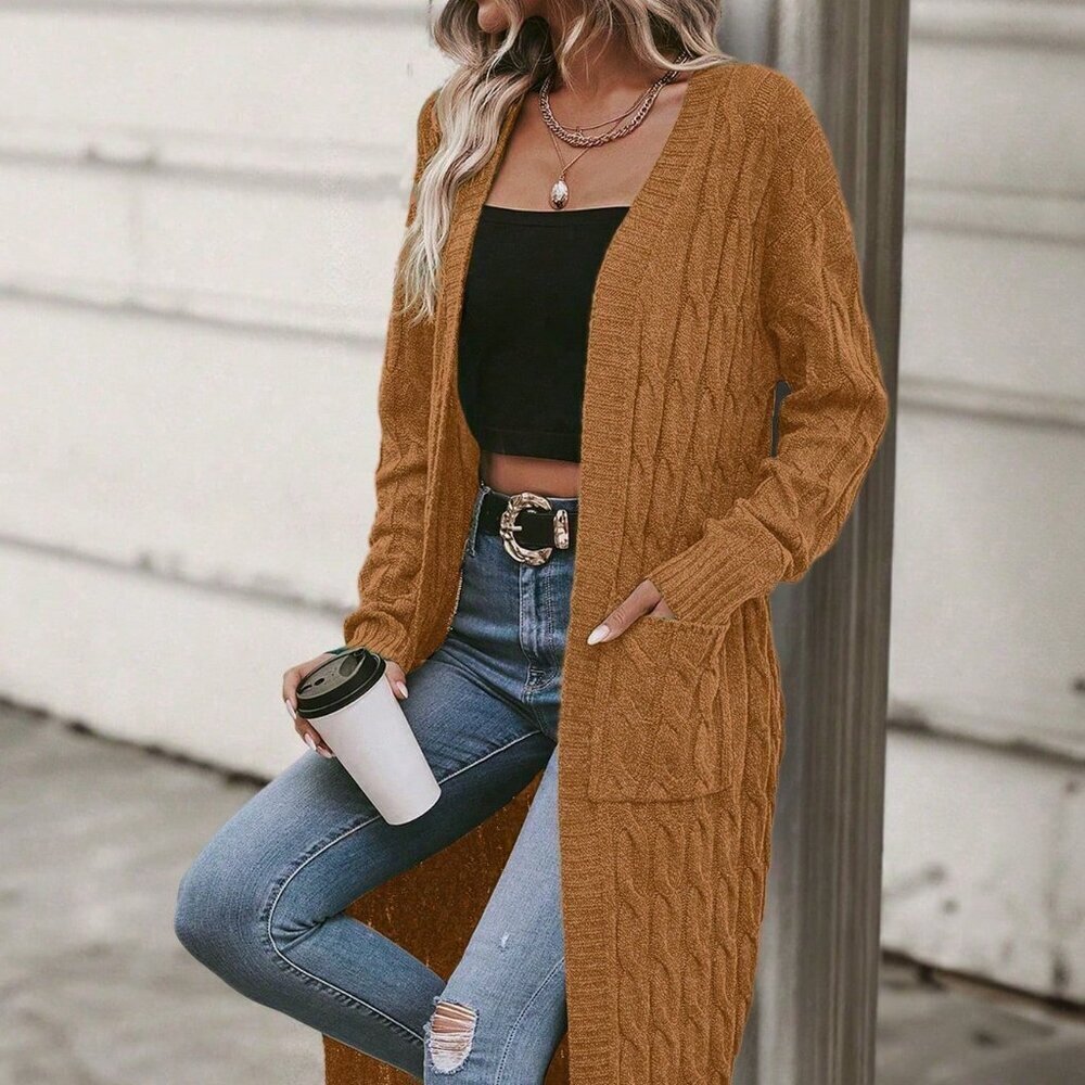 Khaki Casual Women's Drop Shoulder Long Sleeve Dual Pocket Knitted Cardigan